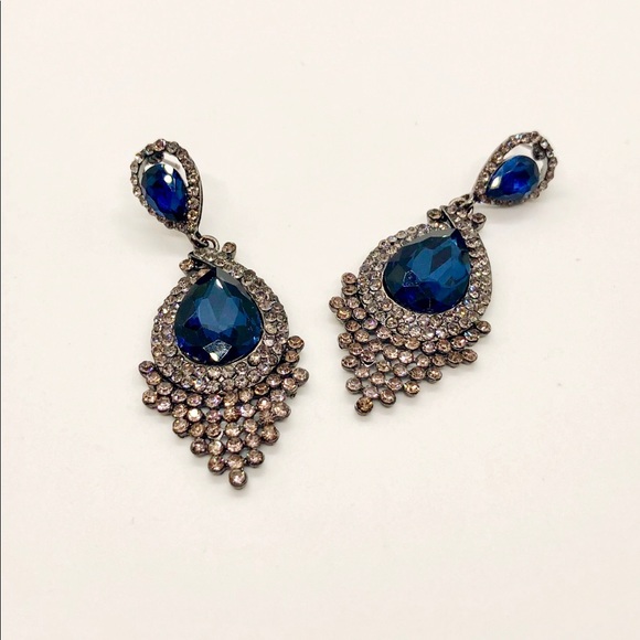 Charcoal Gray & Blue Crystal Chandelier Earrings - Picture 5 of 8